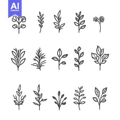 Aset premium populer: Illustrated sprigs of leaves and flowers with simple black outlines