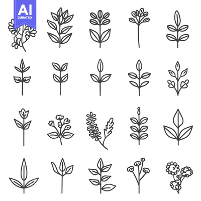 Aset desain premium: Various simple black line drawings of different plant illustrations
