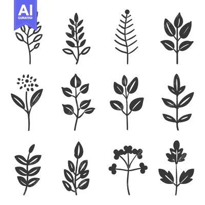 Aset desain premium: A Collection of Various Illustrated Plant and Leaf Designs