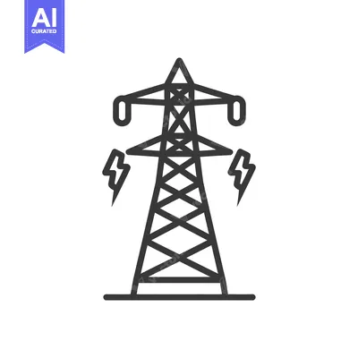 Aset desain premium: High Voltage Tower with Lightning Bolts, Minimalist Line Art Icon