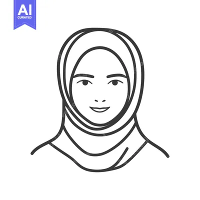 Aset desain premium: A simple black and white line drawing of a woman with a hijab