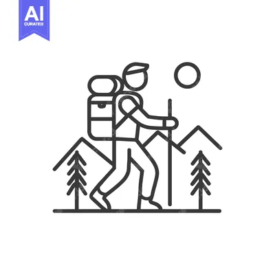 Premium design asset: Minimalist Hiker Icon: Backpack, Trekking Poles, Mountain Landscape, a