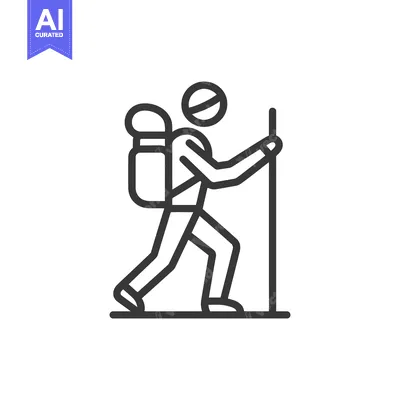Aset desain premium: Minimalist Hiker Icon: Backpack, Trekking Poles, Adventure Symbol