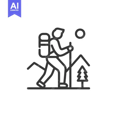 Premium design asset: Minimalist Hiker Icon: Backpack, Poles, Mountain, and Pine Tree