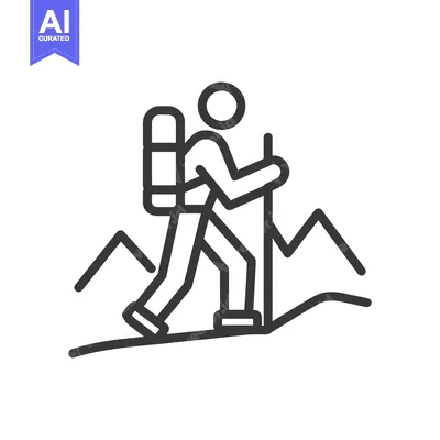 Aset desain premium: Minimalist Hiking Icon: Trekking Through Mountains with Backpack and P