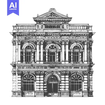 Elegant Classical Building Facade Architectural Drawing