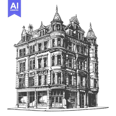Aset premium populer: Elegant Victorian Era Corner Building Architectural Drawing