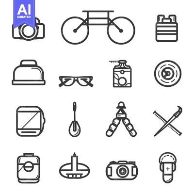 Aset desain premium: Various Objects Illustrated in Black Outlines on White Background