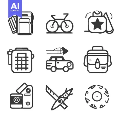 Premium design asset: Nine minimalist illustrations depicting various objects in simple blac