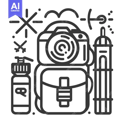 Premium design asset: Travel photography essentials including camera backpack and landmarks