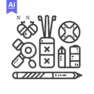 Aset premium populer: Black and white graphical illustration of various sports and tools