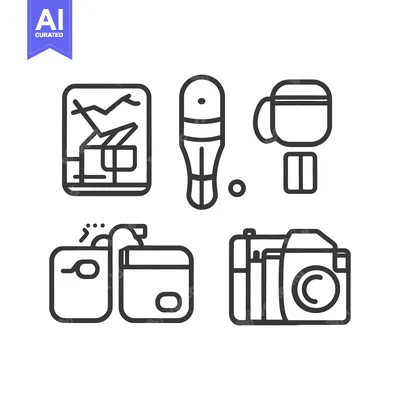 Aset desain premium: Outlined icons representing various common objects and accessories