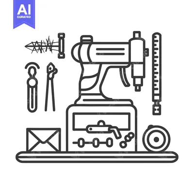 Aset desain premium: An illustration of tools and construction related equipment in monochr