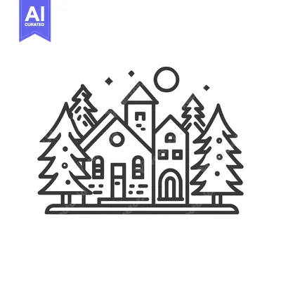 Aset desain premium: Minimalist Winter Village Line Art with Pine Trees and Moon