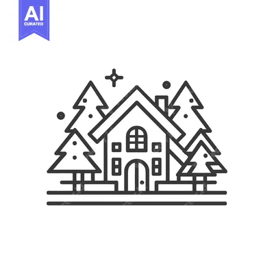 Aset desain premium: Winter Cabin Retreat: Minimalist Line Art with Pine Trees and Star