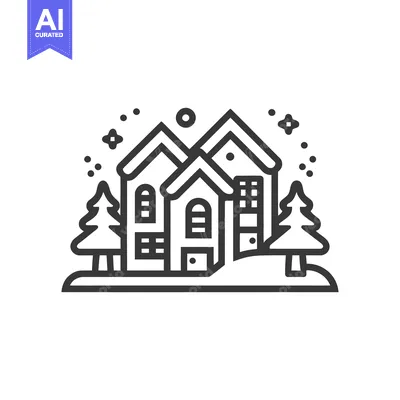 Aset desain premium: Winter Village Icon: Two Houses, Pine Trees, and Snowy Night Sky