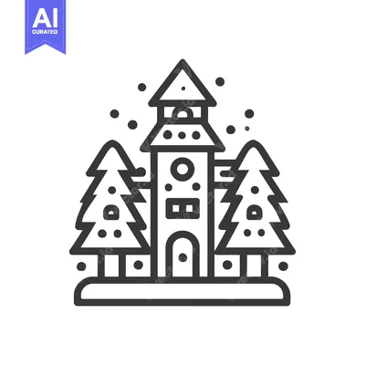 Premium design asset: Winter Village Icon: Tower, Trees, and Snowfall in Minimalist Style