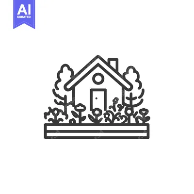 Aset desain premium: Minimalist House Icon with Garden, Trees, and Flowers in Black and Whi