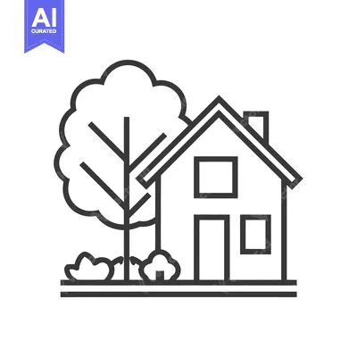 Aset desain premium: Minimalist House Icon with Tree and Bushes, Black Outline on White Bac