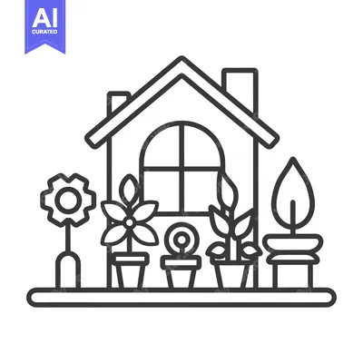 Aset premium populer: A stylized black and white illustration featuring a house and plants