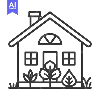 Premium design asset: A simple black and white illustration of a house and greenery