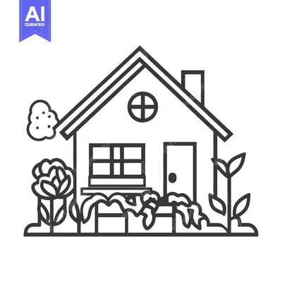 Premium design asset: A simple black line drawing of a house and garden