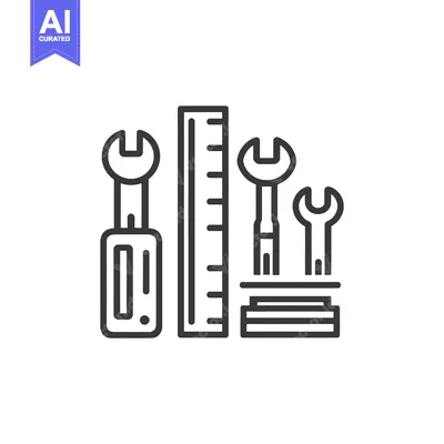 Aset desain premium: Minimalist Line Art: Wrenches, Ruler, and Stacked Blocks on White Back