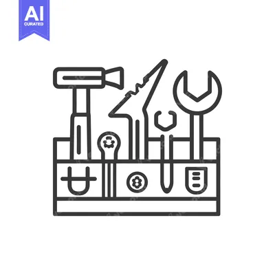 Aset desain premium: Minimalist Tool Box Icon: Hammer, Wrenches, and Repair Tools in Outlin