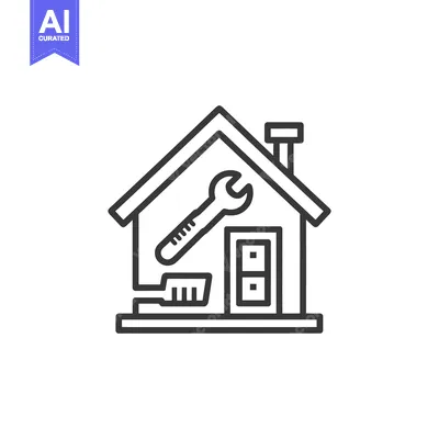 Premium design asset: Minimalist Home Repair Icon: Wrench and Brush on House Outline