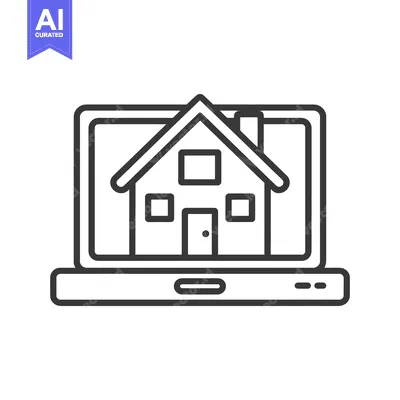 Aset desain premium: House Icon on Laptop Screen: Real Estate Technology Concept, Minimalis