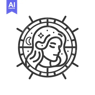 Aset premium populer: A circular outline drawing depicting a woman and celestial bodies