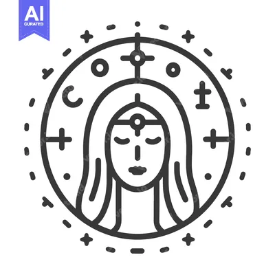 A circular symbol featuring a woman inside with celestial elements