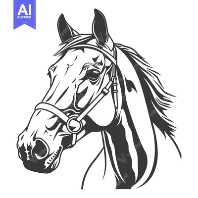 A monochrome image depicts the head of a horse wearing a bridle