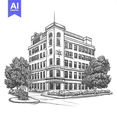 Aset premium populer: A City Hospital Building With Trees And Landscaping