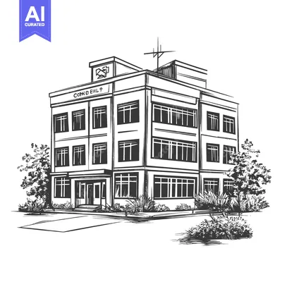 A Sketch of a Multi Story Building with Landscaping