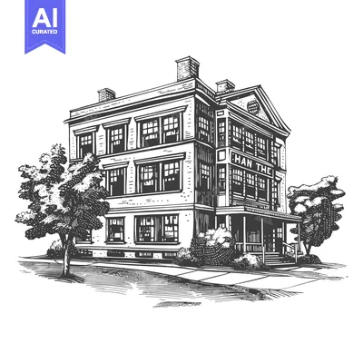 Aset desain premium: A Three Story Brick Building With Trees And Porch