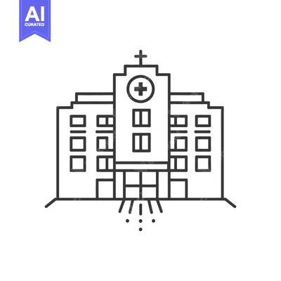 Aset desain premium: A simple black and white illustration of a medical facility building