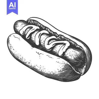 Popular premium asset: A detailed monochrome drawing of a hotdog with toppings