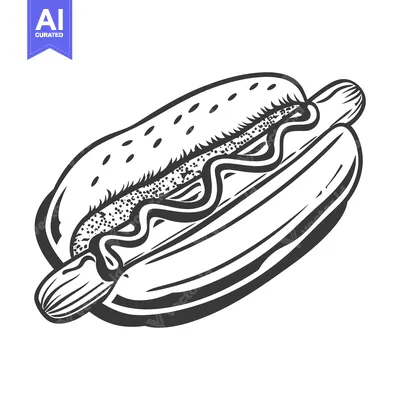 Aset premium populer: A grayscale drawing of a hot dog with condiments