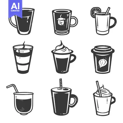Illustrations of various coffee drinks and beverages in mugs and cups