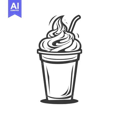 Aset desain premium: A black and white drawing of a sweet drink with whipped cream