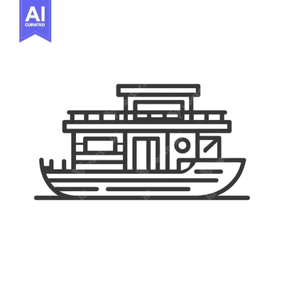 Aset desain premium: Minimalist Line Art: Detailed Houseboat Icon on White Background