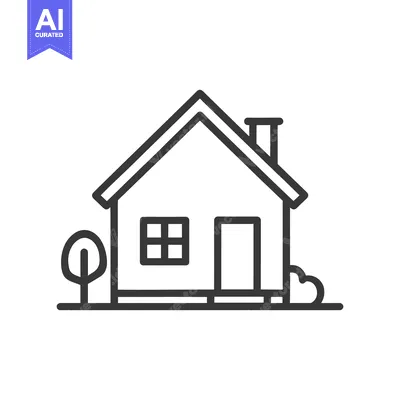 Aset desain premium: Minimalist House Icon with Tree and Bush Outline