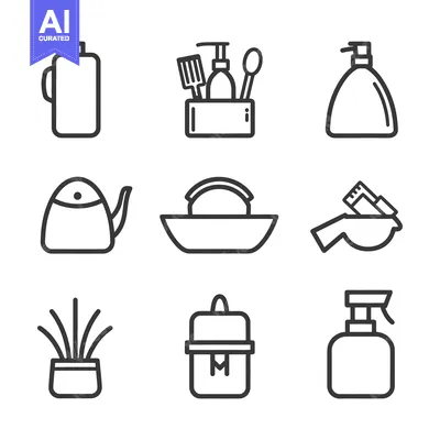 Aset premium populer: A collection of line art illustrations of various household items