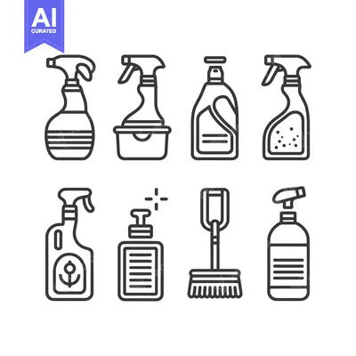 Aset desain premium: Cleaning Supplies Icon Set: Spray Bottles, Soap, Mop, Outline Style