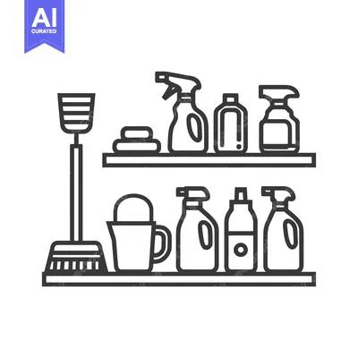 Aset premium populer: Minimalist Cleaning Supplies Outline: Broom, Sprays, Bucket on Shelves