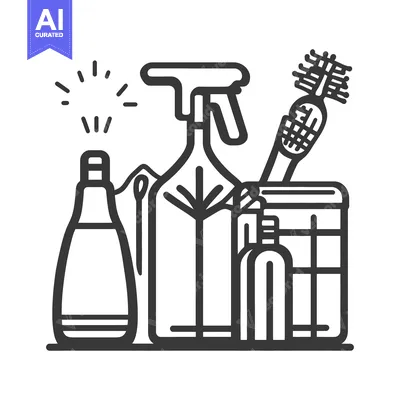 Aset desain premium: A graphic illustration of various cleaning supplies and tools