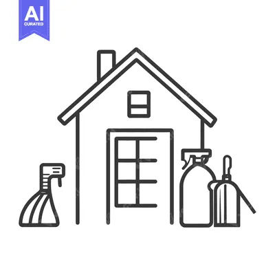 Aset desain premium: A simple house icon featuring cleaning supplies outside its entrance