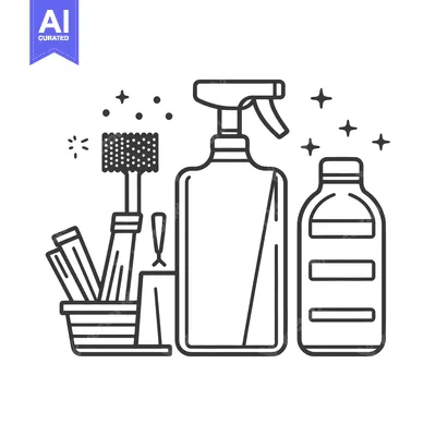 Aset desain premium: A line art illustration of cleaning supplies and products