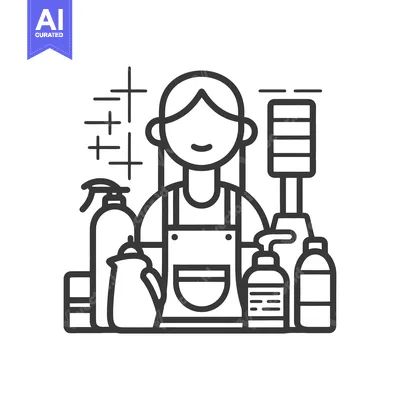 Popular premium asset: A smiling female cleaner surrounded by cleaning supplies and equipment